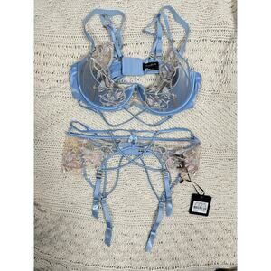 Honey Birdette Evangeline Set Blue Bra 38DD/E + Garter Belt XL Floral Embroidery